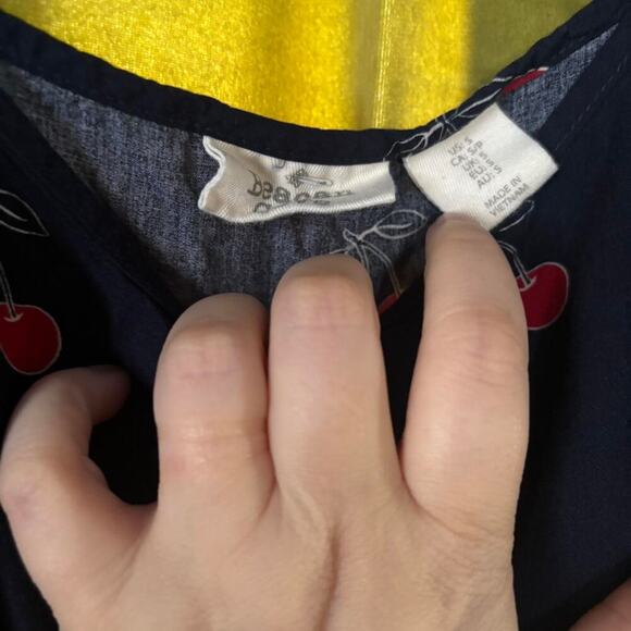 Navy Blue Cherry Print Dress - Spaghetti Straps Cinched Waist Flowy Summer Style - Picture 5 of 5